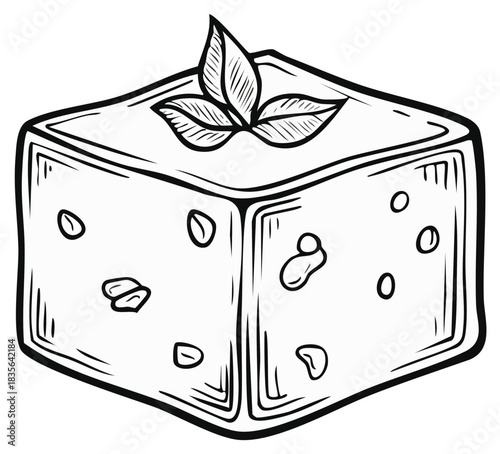 Hand drawn sketch of a feta cheese cube with herb garnish. Black and white line art illustration of a food block.