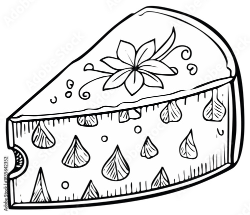 Whimsical illustration of a cheese wedge adorned with a decorative flower and swirling vines