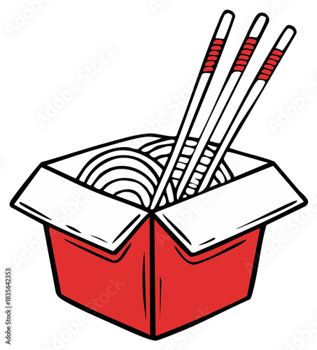 Red open takeout box filled with noodles and three chopsticks illustration