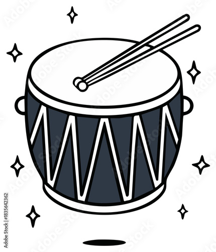 Cartoon Drum with Sticks and Sparkles, Percussion Instrument, Musical Celebration