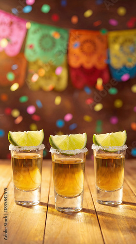 cinco de mayo tequila shots with festive lime wedges confetti and colorful papel picado party backdrop for lively celebration imagery