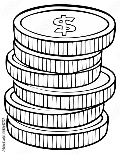 Hand drawn black and white stack of dollar coins for finance or coloring book illustration
