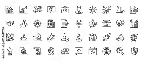 Business and finance line icon set. Vector pictograms of charts, money, strategy, target, and security, thin outline illustration.