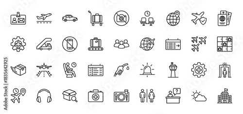 Airport and travel line icon set. Vector pictograms of passport, airplane, luggage, seating, and terminal, thin outline illustration.