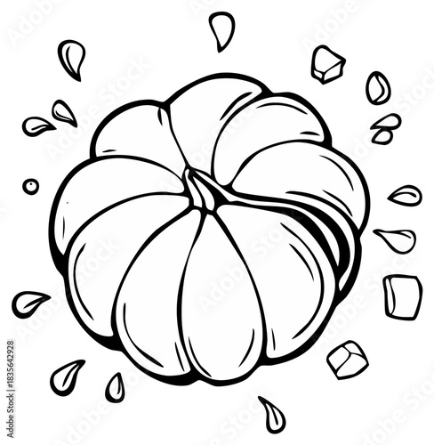 Stylized black and white outline drawing of a whole garlic bulb surrounded by individual cloves and chopped pieces