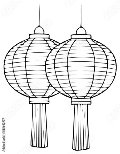 Illustrative line art featuring a pair of hanging lanterns with tassels, a celebration of cultural traditions and festive elements