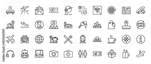 Airport travel and transportation line icon set. Vector pictograms of luggage, airplane, hotel, and bus, thin outline illustration.