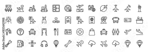 Airport and travel line icon set. Vector pictograms of airplane, luggage, control tower, and terminal signs, thin outline illustration.