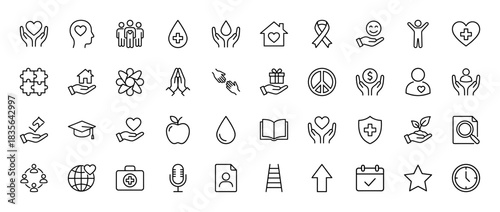 Charity and social help line icon set. Vector pictograms of heart, hands, puzzle, blood drop, and book, thin outline illustration.