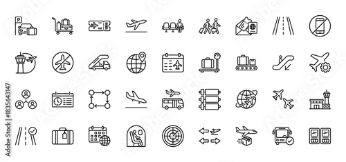 Airport and travel line icon set. Vector pictograms of plane, luggage, ticket, passport, and control tower, thin outline illustration.