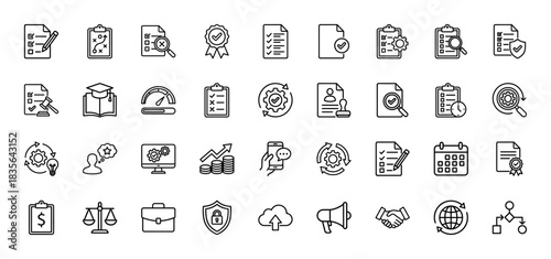 Business management and compliance line icon set. Vector pictograms of checklist, clipboard, strategy, audit, legal, finance, process, thin outline illustration.