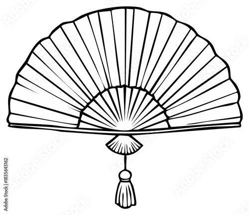 Elegant Traditional Asian Folding Fan with Decorative Tassel in Black and White Line Art