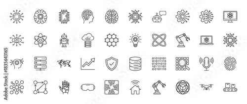 Artificial intelligence line icon set. Vector pictograms of brain, chip, robot, data, and security, thin outline illustration.