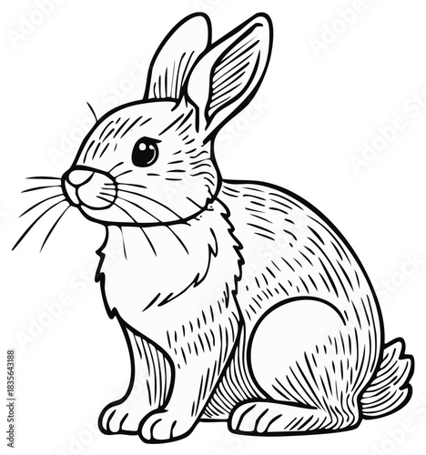 Artistic line drawing of a cute rabbit sitting with long ears and whiskers