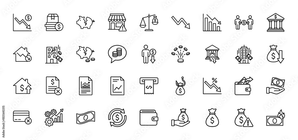 Fototapeta premium Finance and economic crisis line icon set. Vector pictograms of market downfall, bankruptcy, investment, and debt, thin outline illustration.