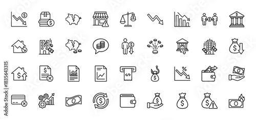 Finance and economic crisis line icon set. Vector pictograms of market downfall, bankruptcy, investment, and debt, thin outline illustration.