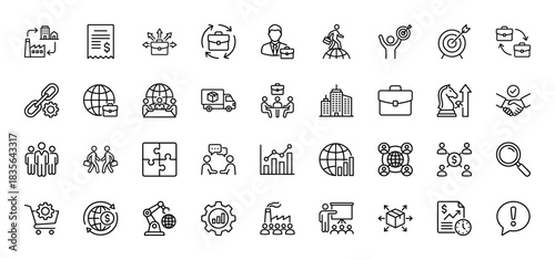 Business line icon set. Vector pictograms of handshake, factory, global trade, analytics, and strategy, thin outline illustration.