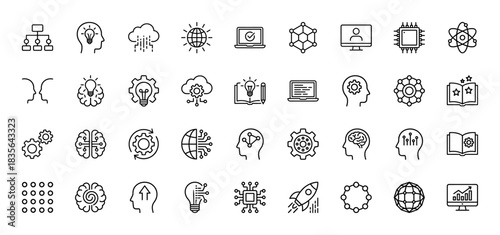 Technology and ai line icon set. vector pictograms of brain, cloud, data, circuit board, and lightbulb, thin outline illustration.