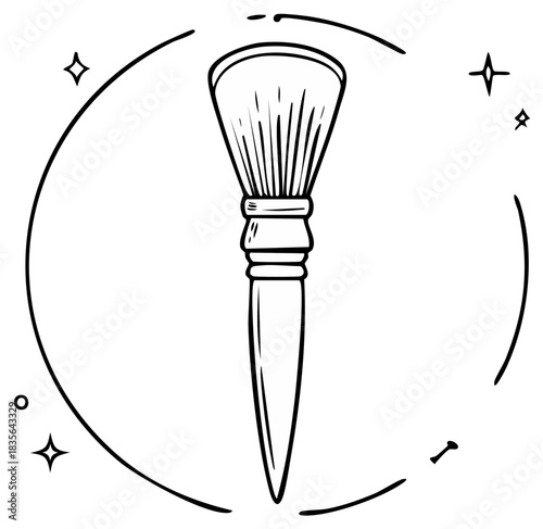 Hand drawn makeup brush icon in a doodle style with sparkles and decorative frame