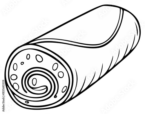 Outlined Swiss Roll Dessert: Detailed Sketch of a Rolled Cake with Filling, Simple Monochrome Food Illustration
