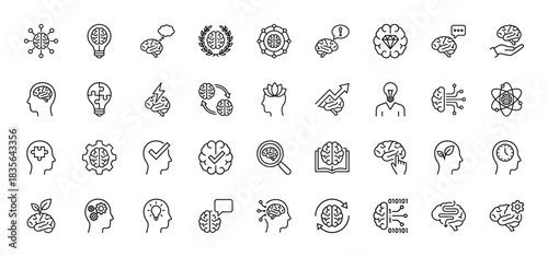 Artificial intelligence line icon set. Vector pictograms of brain, lightbulb, puzzle, and gear, thin outline illustration.