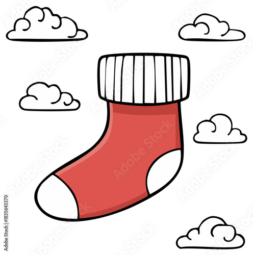 Single cartoon red sock with white cuff and toe against a background of fluffy clouds