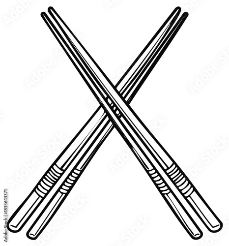 Crossed chopsticks for Asian food and dining culture a simple black and white line art illustration