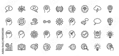 Creative thinking line icon set. Vector pictograms of brain, idea, innovation, solution, and growth concepts, thin outline illustration.