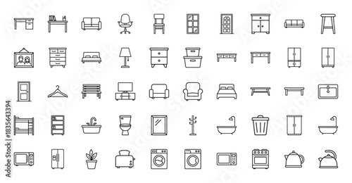 Home furniture and appliances line icon set. Vector pictograms of desk, couch, bed, chair, toilet, and washing machine, thin outline illustration.