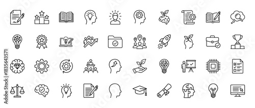 Education and innovation line icon set. Vector pictograms of lightbulb, brain, certificate, and balance scale, thin outline illustration.