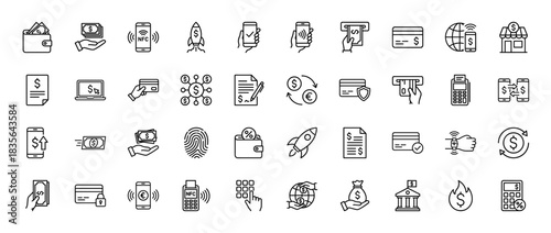 Finance and payment line icon set. Vector pictograms of wallet, credit card, atm, nfc, and banking symbols, thin outline illustration.