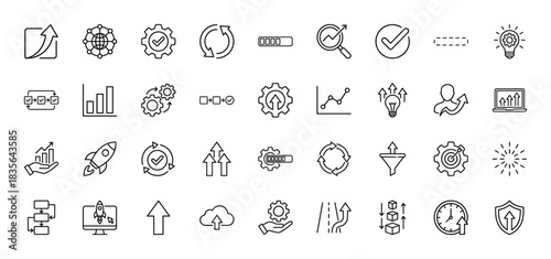 Business growth and development line icon set. Vector pictograms of settings, process, charts, strategy, and idea, thin outline illustration.
