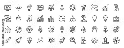 Business and startup line icon set. Vector pictograms of rocket launch, idea bulb, trophy, gear, and growth chart, thin outline illustration.