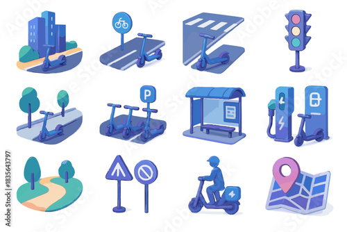 City vector parking urban transportation pedestrian dock street rider scooter traffic icon