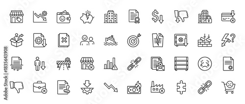 Business and financial failure line icon set. Vector pictograms of store, chart, wallet, debt, contract, and briefcase, thin outline illustration.