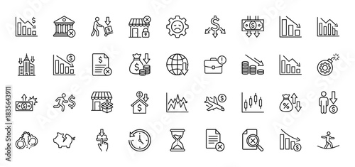 Finance and economic crisis line icon set. Vector pictograms of market crash, recession, bank failure, and currency decline, thin outline illustration.