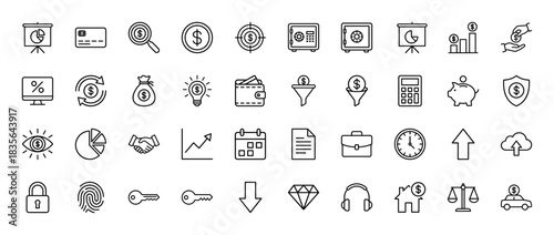 Finance and business line icon set. vector pictograms of chart, money, safe, credit card, and calculator, thin outline illustration.