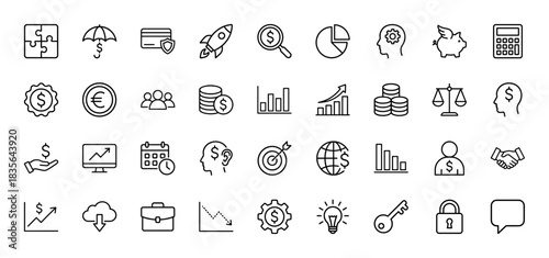 Finance and business line icon set. vector pictograms of investment, strategy, money, and growth, thin outline illustration.