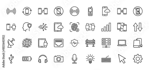 Technology and communication line icon set. Vector pictograms of smartphone, battery, signal, wifi, and networking, thin outline illustration.