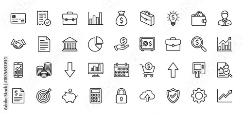 Finance and business line icon set. Vector pictograms of credit card, bar chart, briefcase, wallet, and calculator, thin outline illustration.