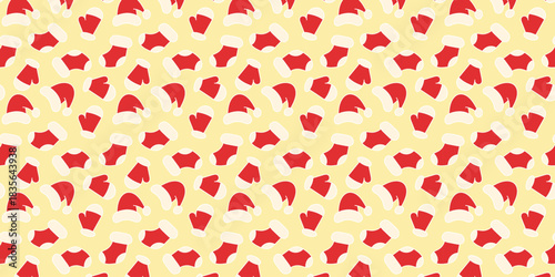 Whimsical seamless pattern featuring a joyful scattering of classic red and white Santa hats on a light yellow backdrop, ideal for festive holiday season designs and backgrounds