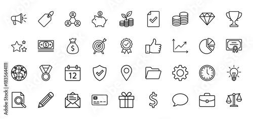 Business and finance line icon set. vector pictograms of megaphone, piggy bank, growth chart, diamond, globe, calendar, and briefcase, thin outline illustration.