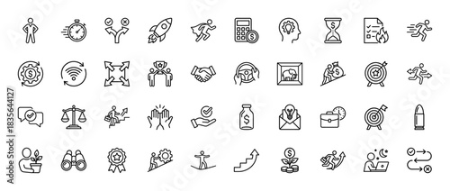 Business and strategy line icon set. Vector pictograms of decision, finance, growth, achievement, target, and handshake, thin outline illustration.