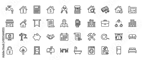 Real estate line icon set. vector pictograms of house, key, money, contract, furniture, and construction, thin outline illustration.