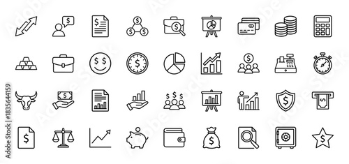 Finance and business line icon set. Vector pictograms of money, documents, charts, calculator, and banking symbols, thin outline illustration.