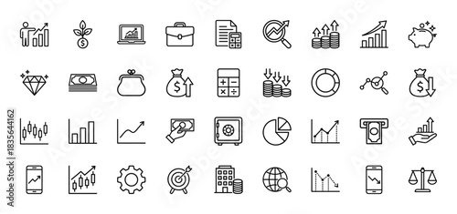 Finance and business line icon set. Vector pictograms of growth charts, money, calculator, portfolio, and safe, thin outline illustration.