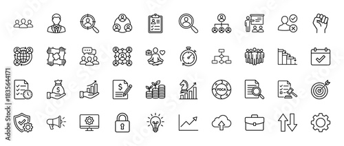 Business and human resources line icon set. Vector pictograms of teamwork, strategy, finance, recruitment, management, hierarchy, target, growth, thin outline illustration.