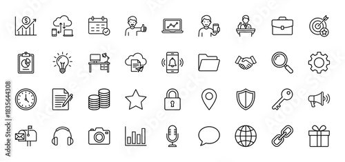 Business and finance line icon set. Vector pictograms of graph, calendar, cloud, briefcase, target, clock, and money, thin outline illustration.