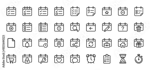 Calendar and date planning line icon set. Vector pictograms of reminder, alarm, search, delete, share, and notification, thin outline illustration.