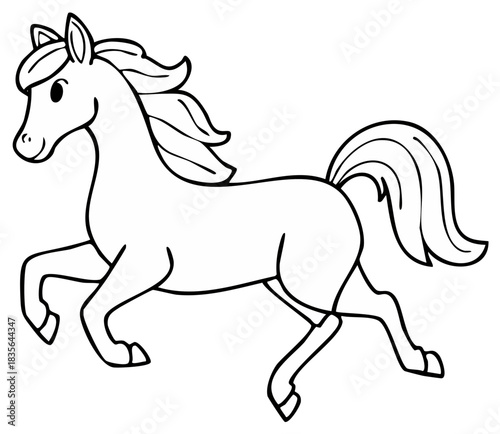 Playful black and white line art drawing of a galloping cartoon horse with a flowing mane and tail